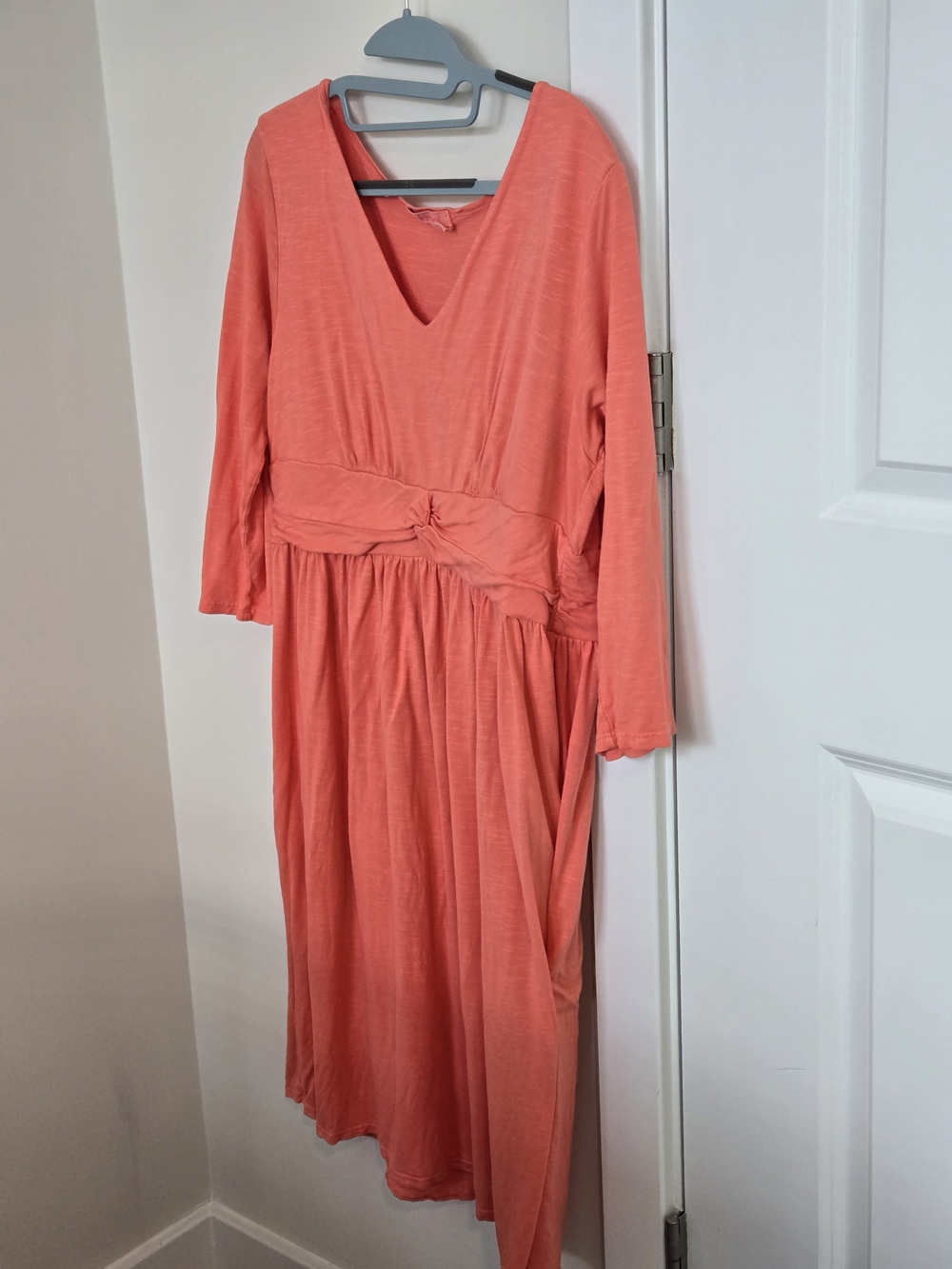fresh produce Coral V-Neck Long Sleeve Midi Dress with Knot Waist Detail